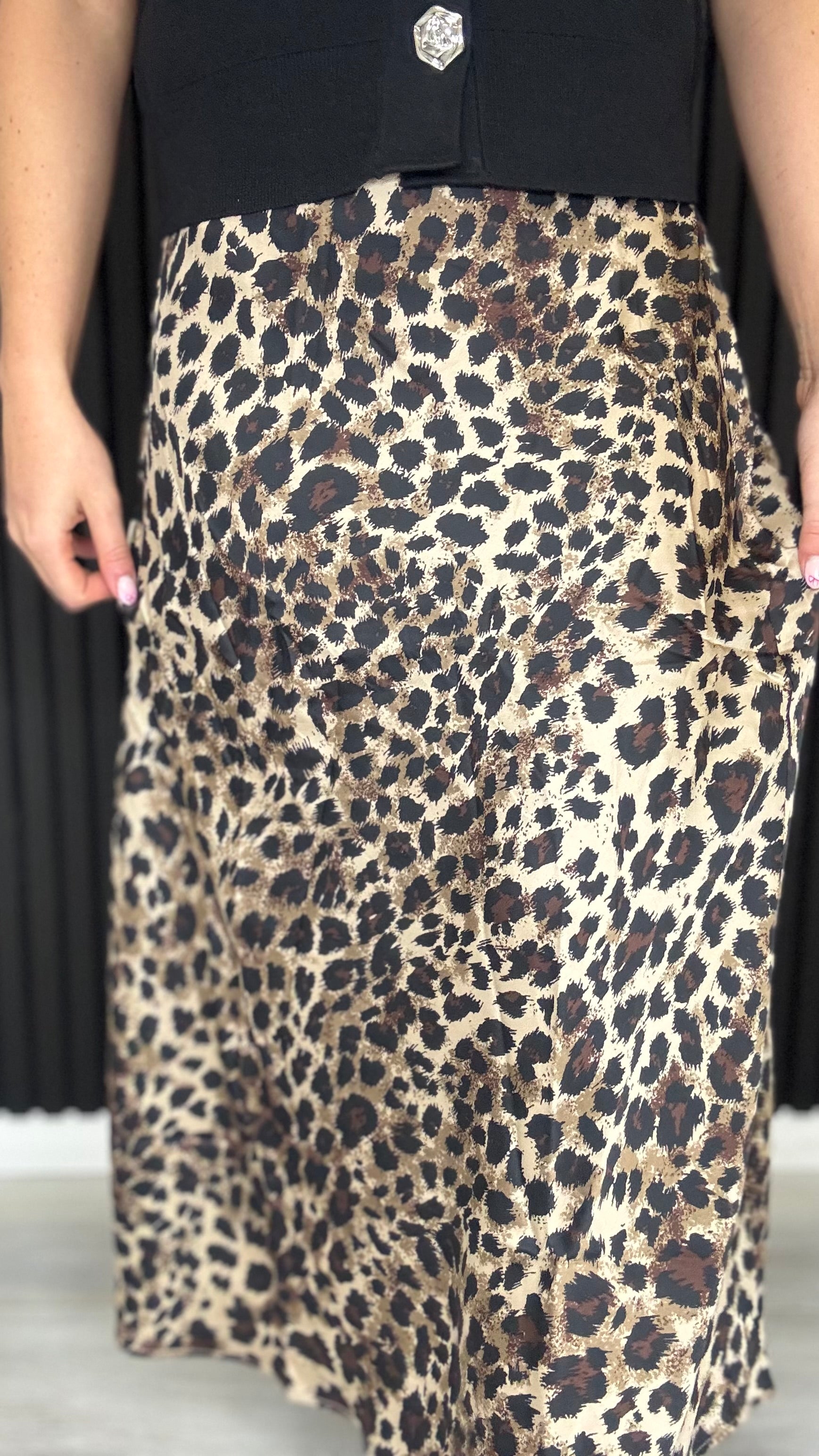 Close up of leopard print satin slip skirt fabric detail