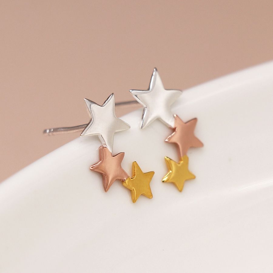 Silver, Gold, Rose Gold Triple Star Earrings