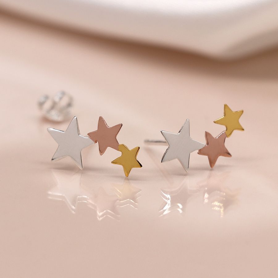 Silver, Gold, Rose Gold Triple Star Earrings