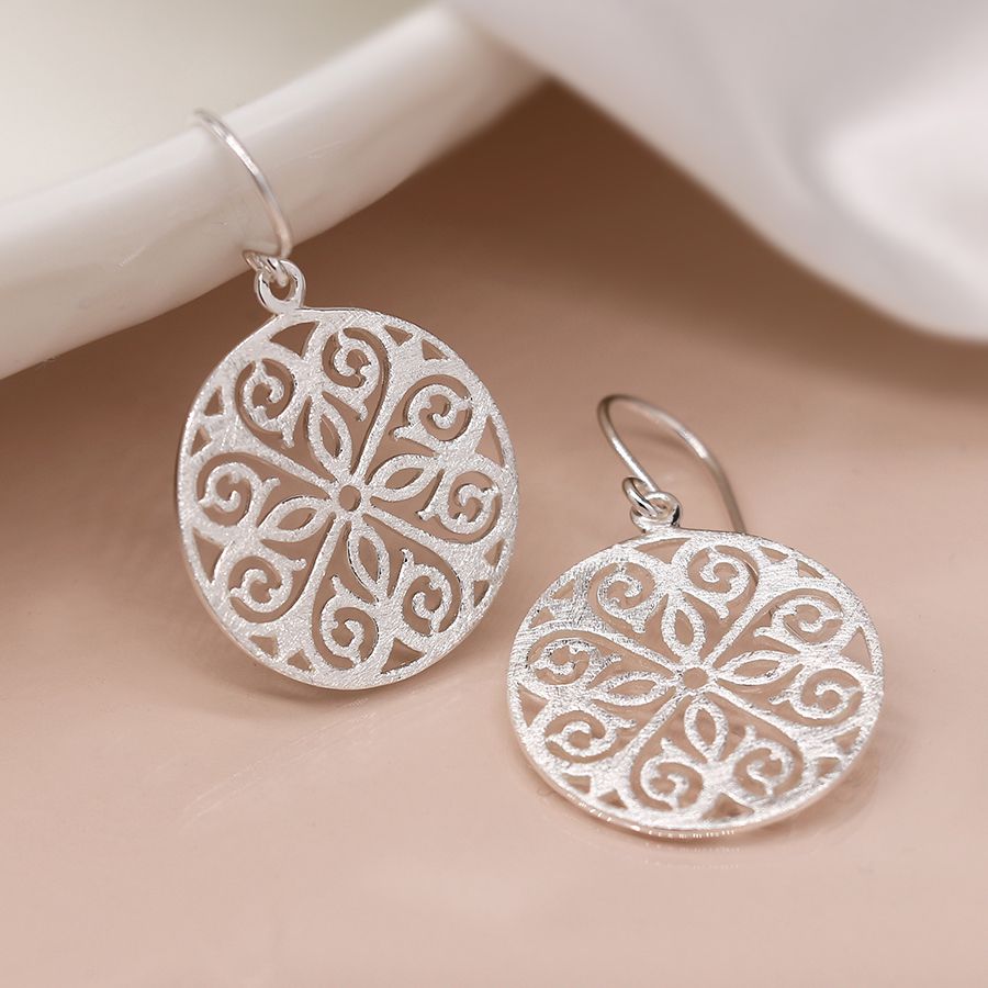 Sterling silver filigree disc drop earrings with scratched finish