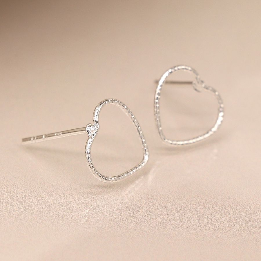 Sterling silver textured wire heart stud earrings