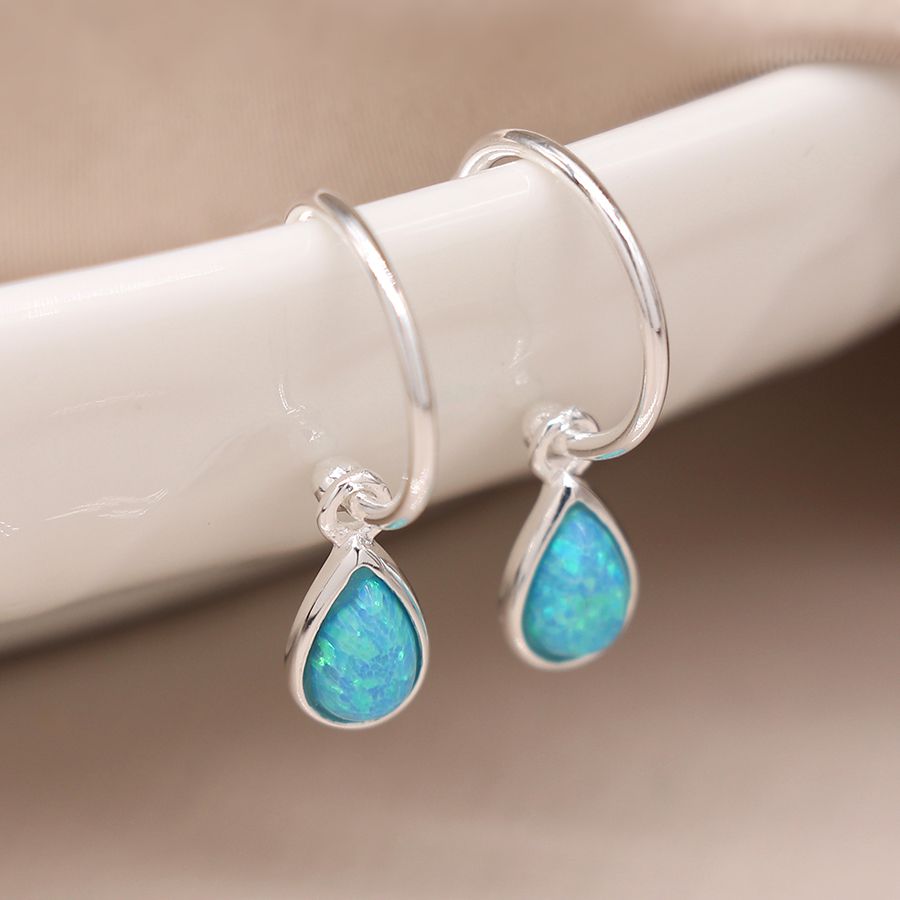 Sterling silver open hoop blue opal drop earrings