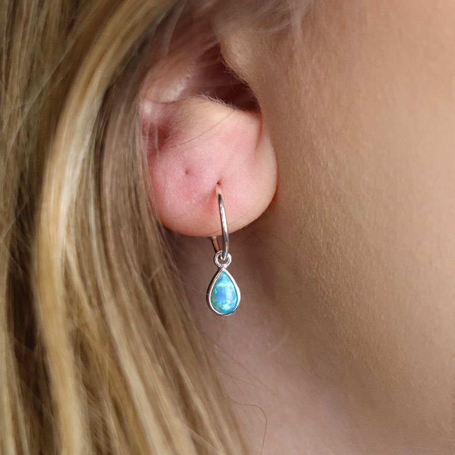 Sterling silver open hoop blue opal drop earrings