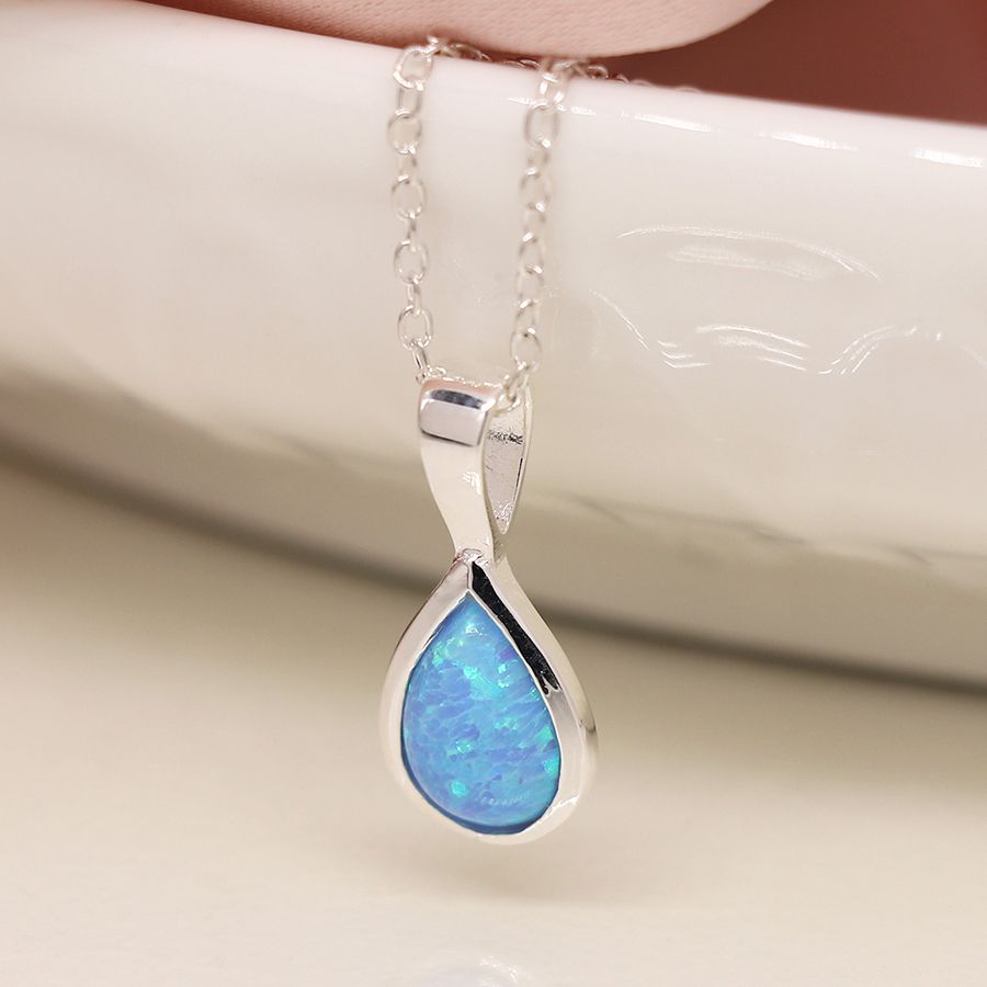 Sterling silver teardrop blue opal necklace