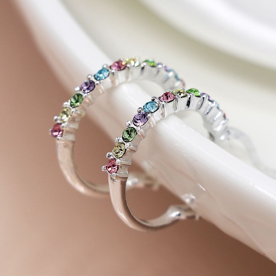 Sterling silver rainbow crystal hoop earrings