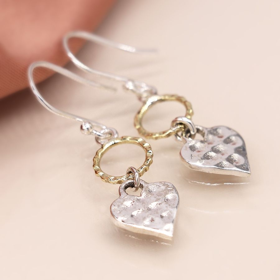 Sterling silver hammered heart and brass hoop drop earrings