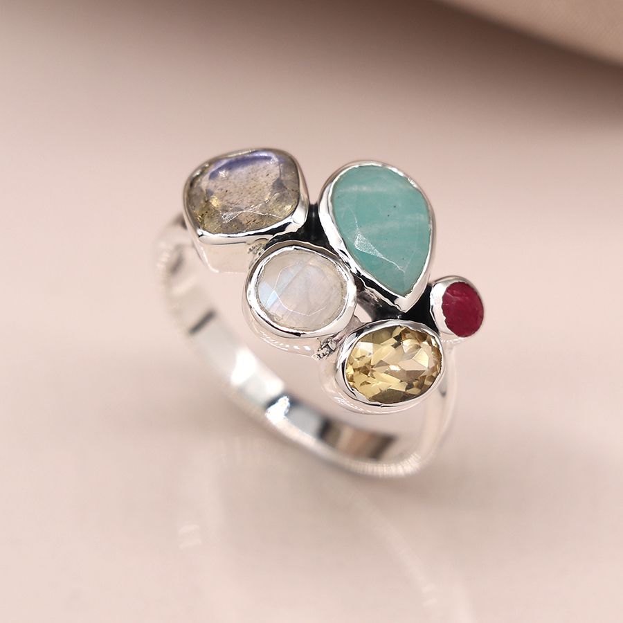 Sterling silver faceted multi gemstone ring SB1237