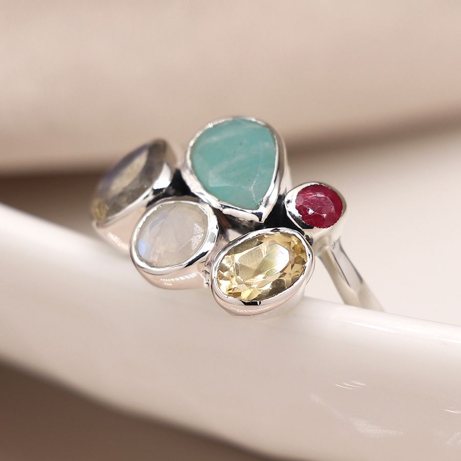 Sterling silver faceted multi gemstone ring SB1237