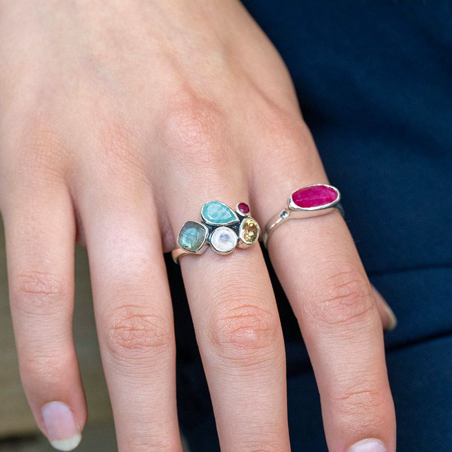 Sterling silver faceted multi gemstone ring SB1237