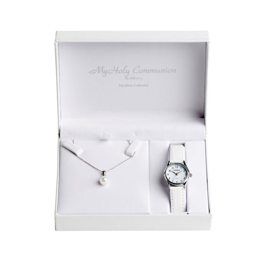 First Holy Communion watch and pearl necklace set