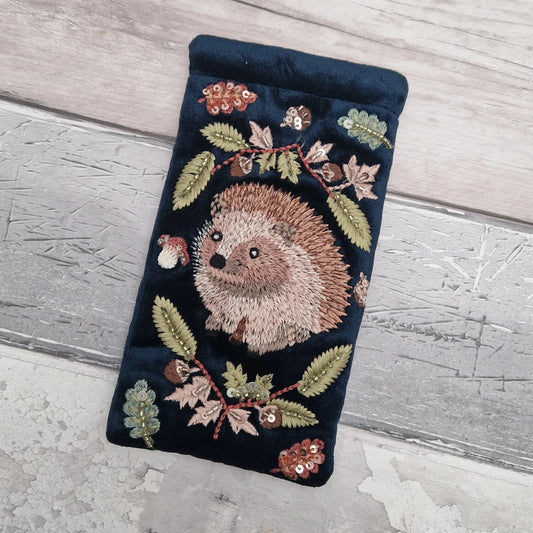 Hedgehog Velvet Embroidered & Beaded Glasses Pouch