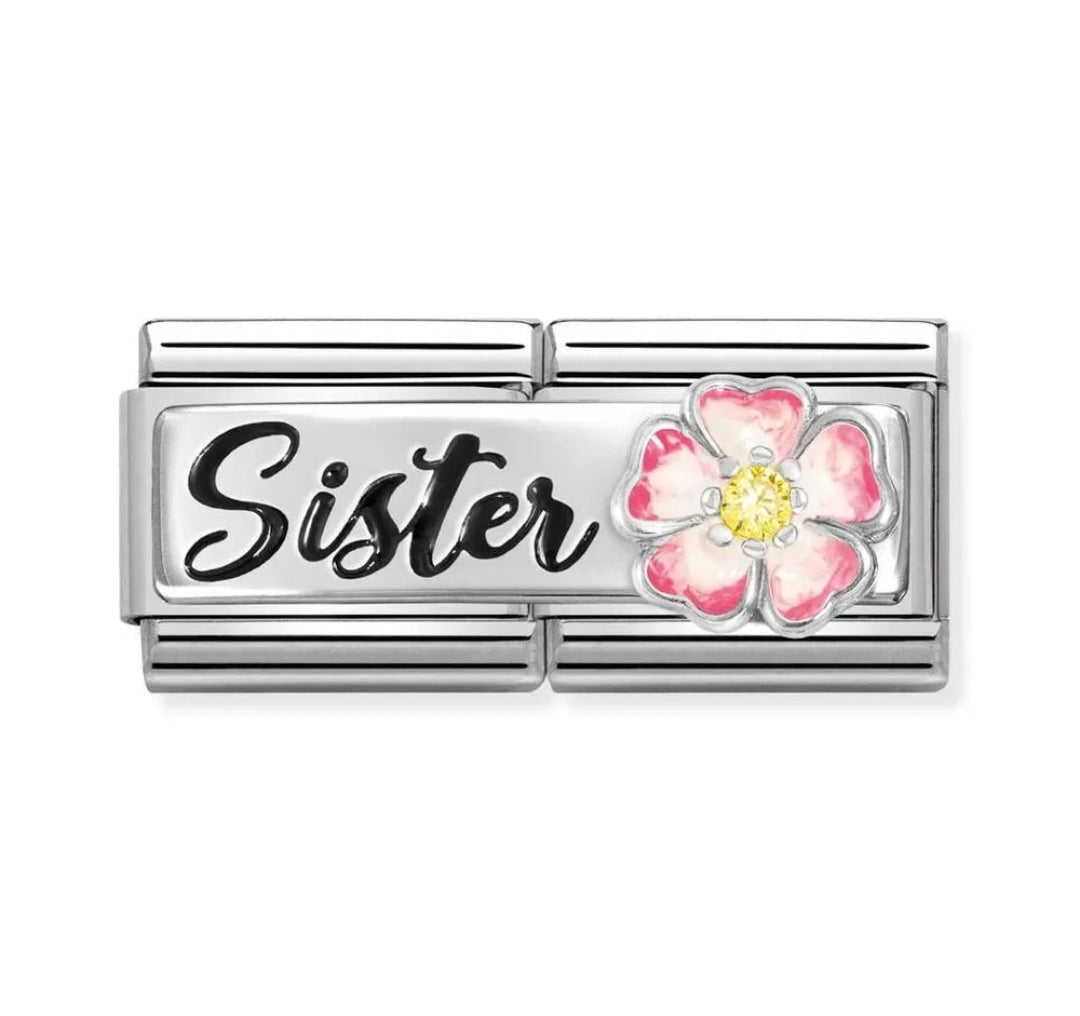 Classic Silver Sister Pink Flower Double Charm