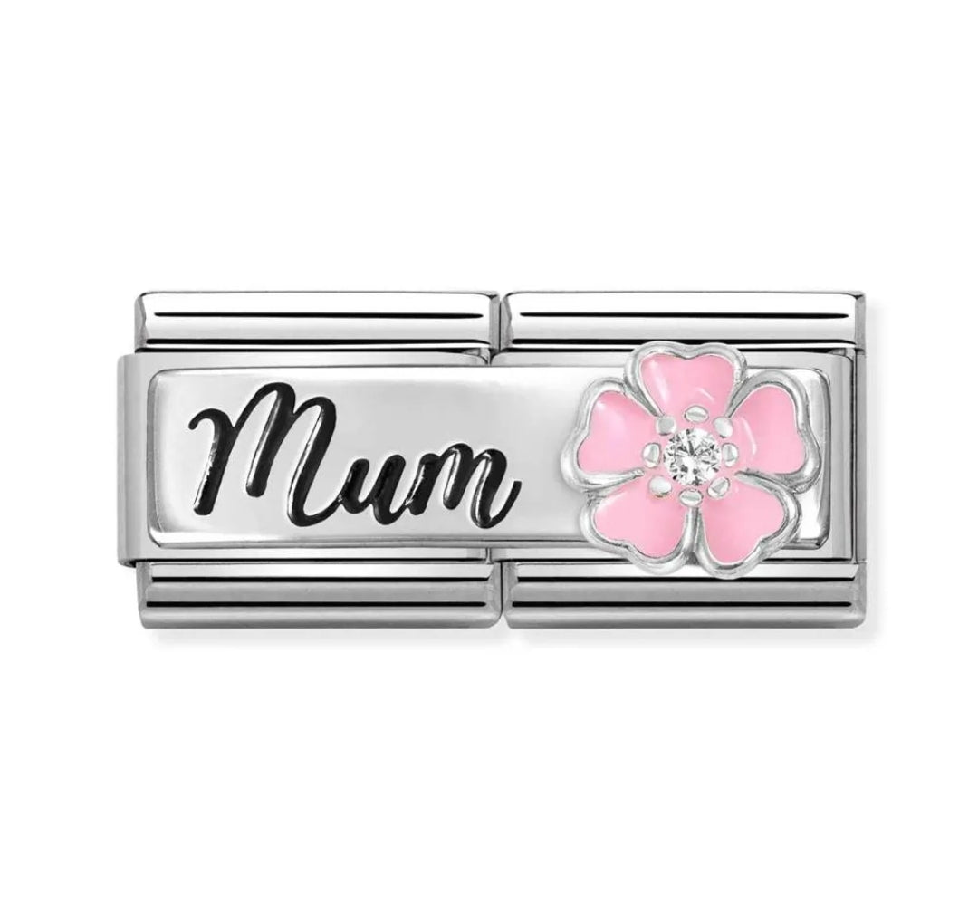 Classic Silver Mum Pink Flower Double Charm