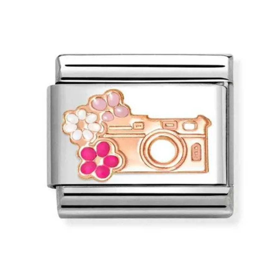 Classic Rose Gold Camera with Flowers Charm