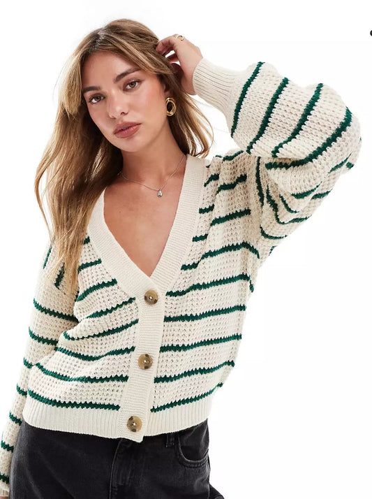 Ellen Stripe Knit Cardigan - Cream and green 15328338