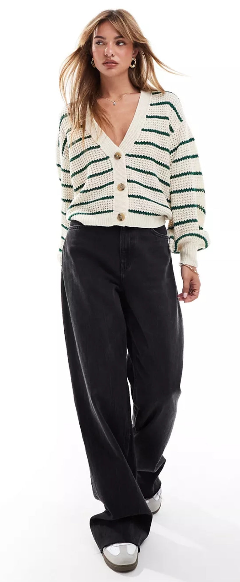 Ellen Stripe Knit Cardigan - Cream and green 15328338