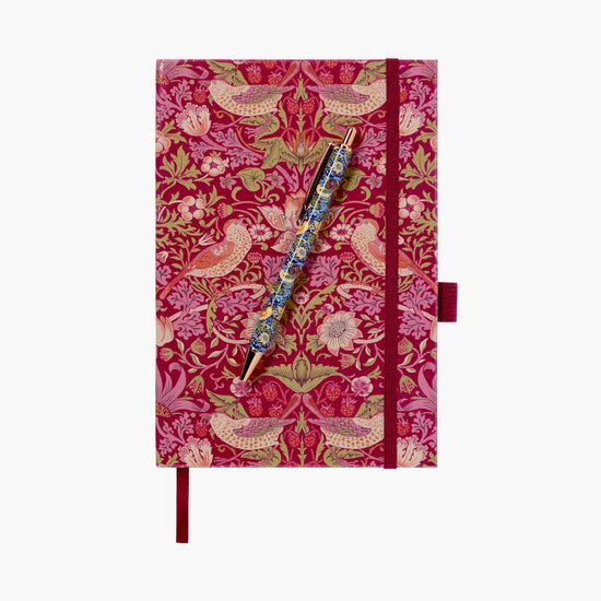 Strawberry Thief A5 Notebook Hard Cover with Pen - Raspberry with Indigo Pen