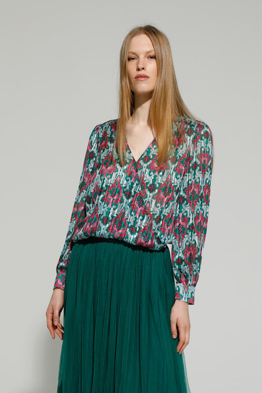 V-NECK BLOUSE WITH BAROQUE PRINT ON SATIN VOILE