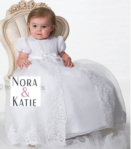 Sarah Louise 001165 Embroidered Divided Front Christening Gown & Bonnet Set WHITE