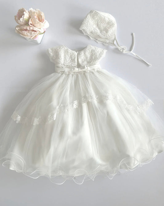 Chr-235 Ivory Christening dress with lace and bow detail