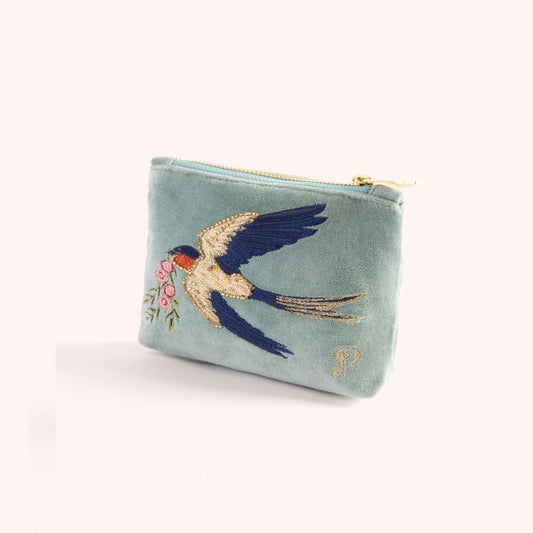 Swooping Swallows Velvet Mini Pouch - Ice Blue small