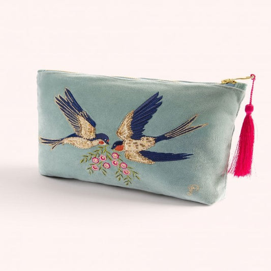 Swooping Swallows Velvet Zip Pouch - Ice Blue