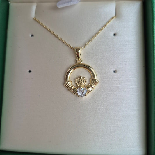 CLEAR STONE CLADDAGH PENDANT AND CHAIN Gold CS127