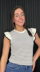 Shop this striped knit top with ruffle cap sleeves and a soft textured finish. A lightweight, feminine style perfect for everyday and smart-casual wear.