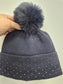 Navy embellished bobble hat