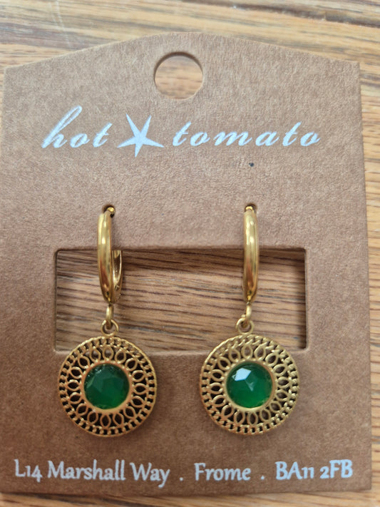 Emerald stone and gold circle hoop earrings