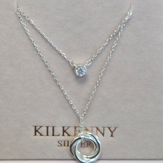Double chain - silver twist circle with cz stone L3247