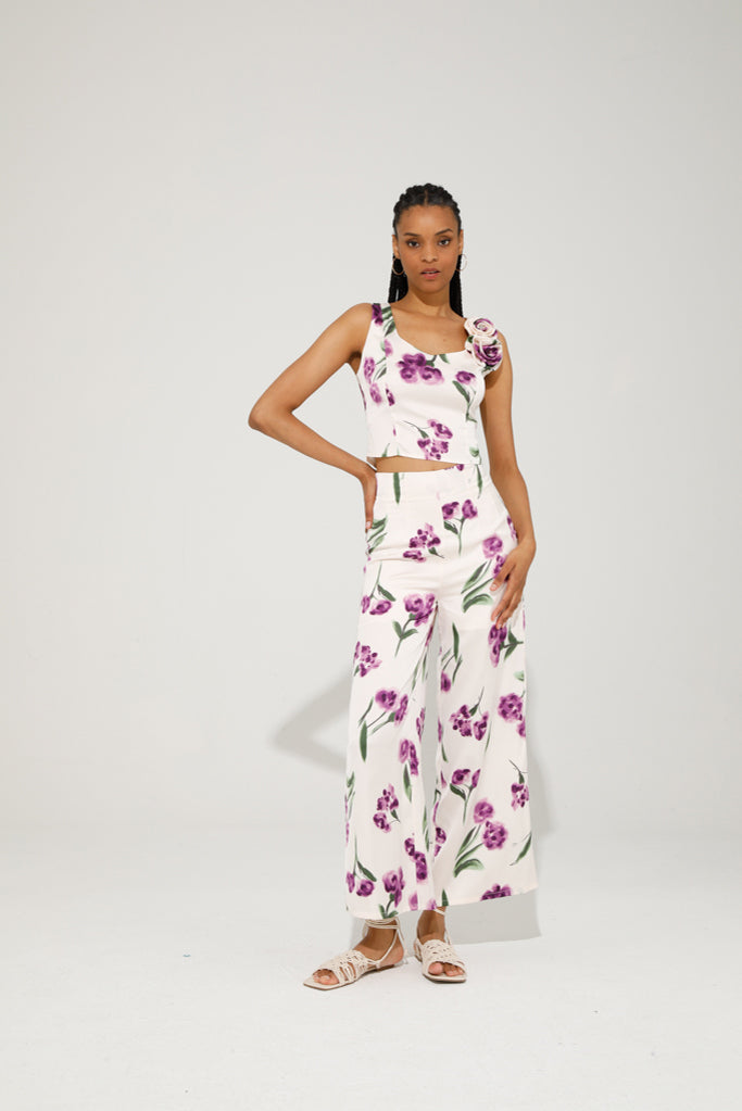 Gala trousers cream purple flowers