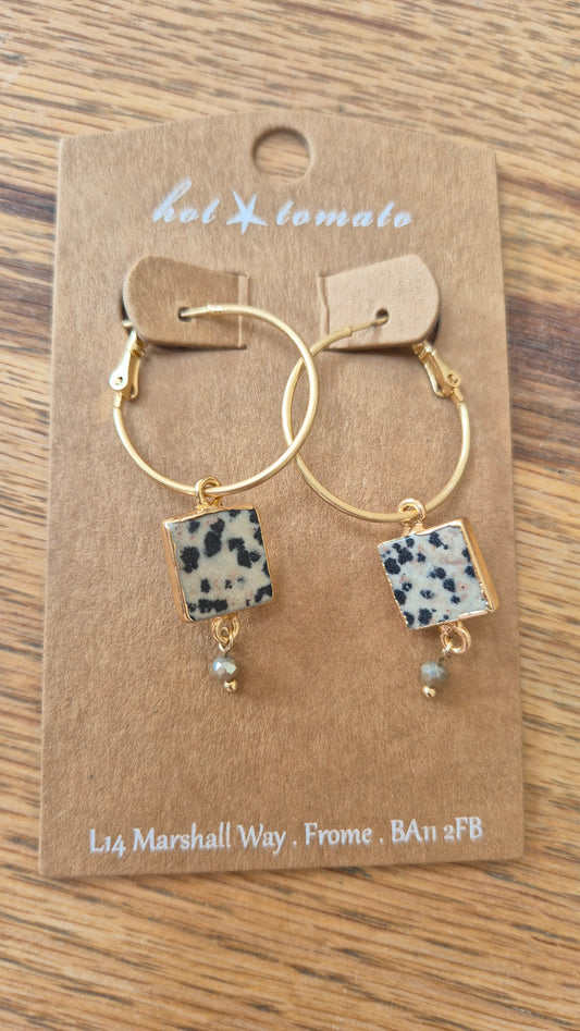 Stone Square Captured on Hoop Earring - Gold/Print