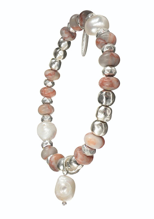 Stone & Pearl Blend W/Pearl Drop - Worn Silver/Daisy Jasper bracelet