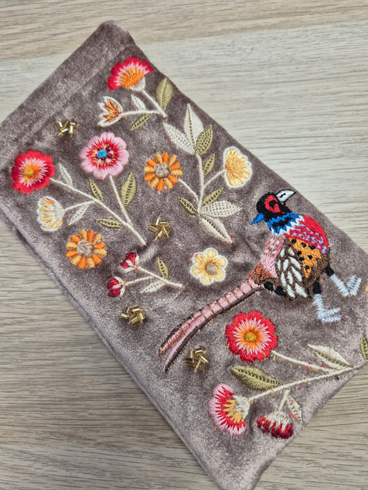 Pheasant Velvet Embroidered & Beaded Glasses Pouch