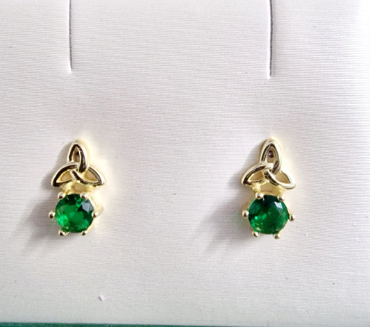 Gold Celtic Trinity Knot Stud Earrings with Emerald Stone