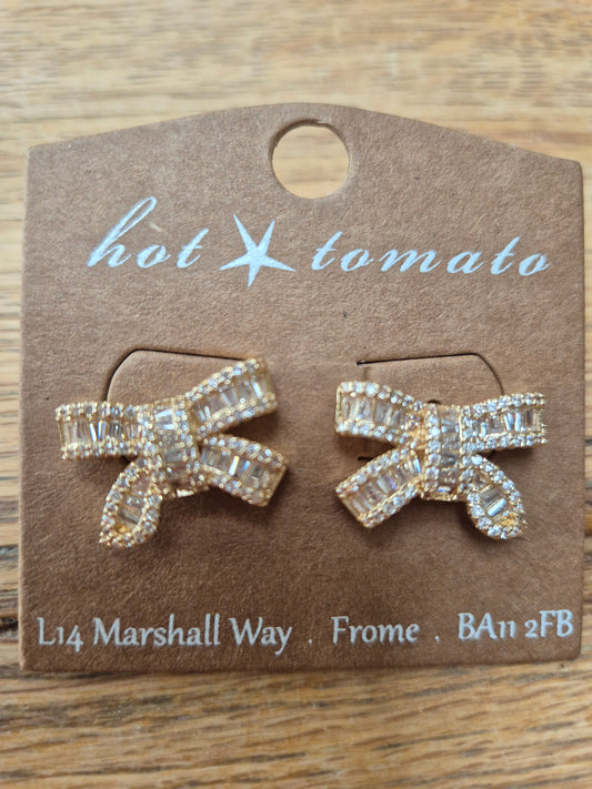 Beautuful Baguette Set Bow Stud Earrings - Gold/Clear