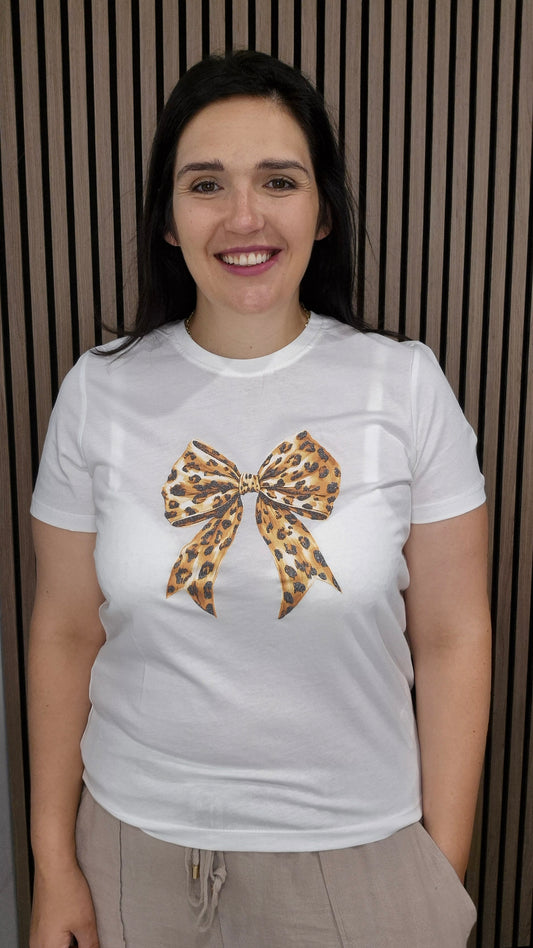 Clara white leopard print bow tshirt