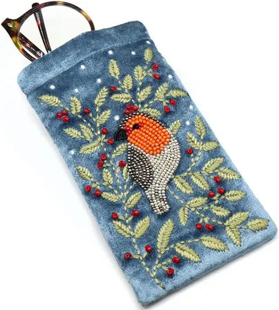 Blue Velvet Embroidered & Beaded Robin Glasses Pouch