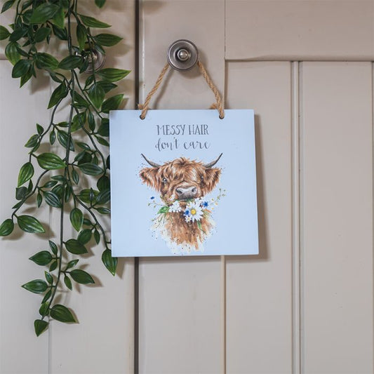 MESSY HAIR DON'T CARE' HIGHLAND COW WOODEN PLAQUE