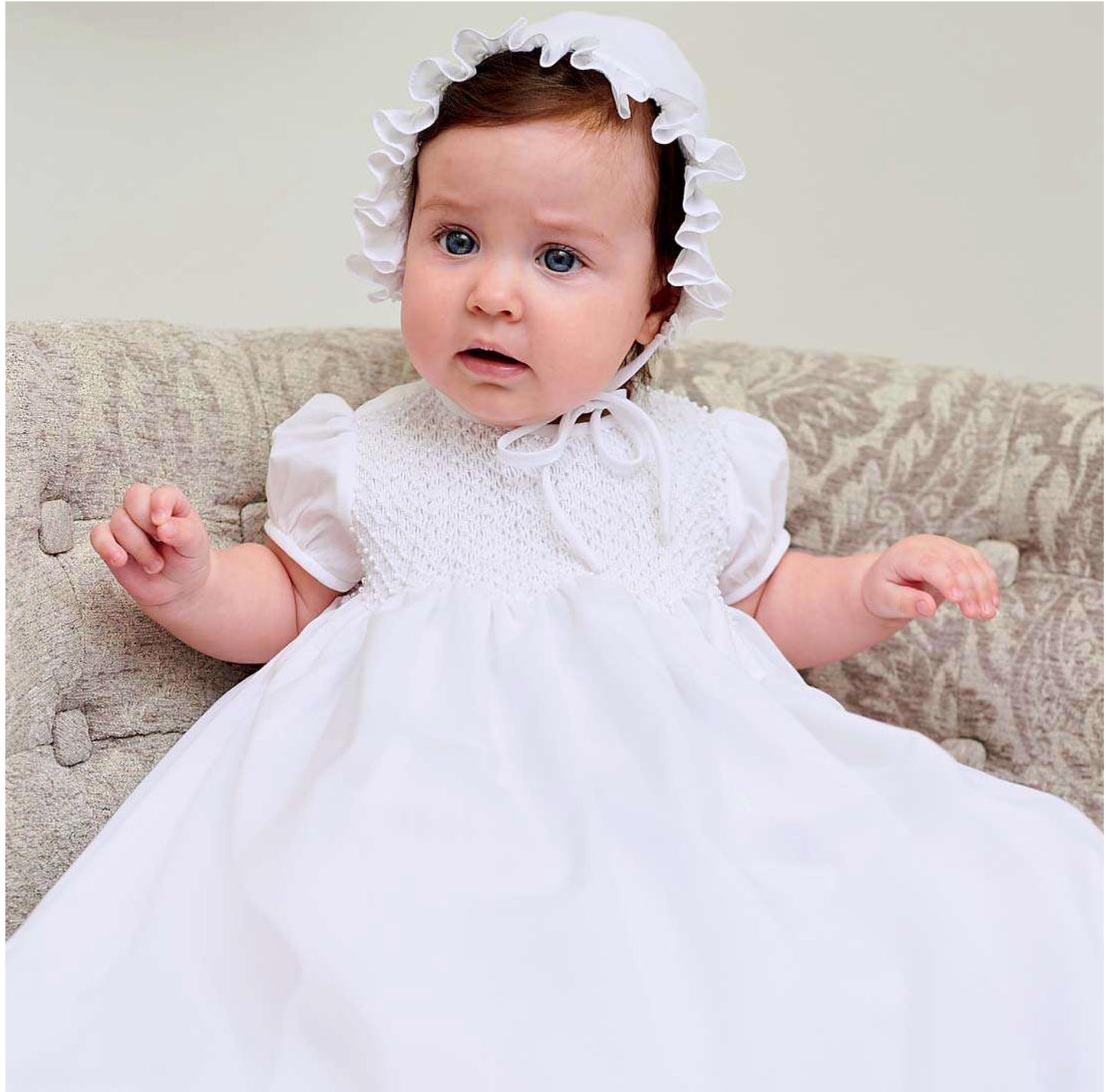 White Traditional  Gown & Bonnet Set