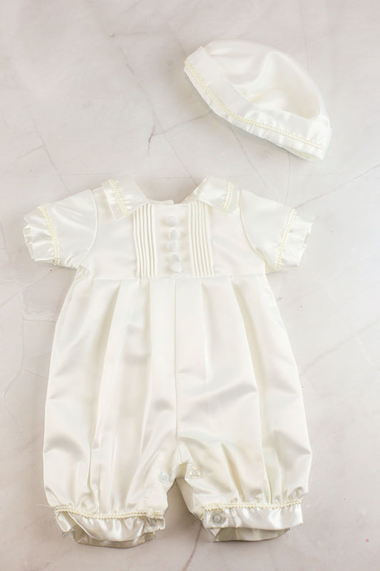 14066 Baby boy satin feel christening romper with matching hat