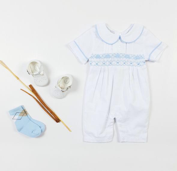 Baby white cotton hand smocked romper J-1541