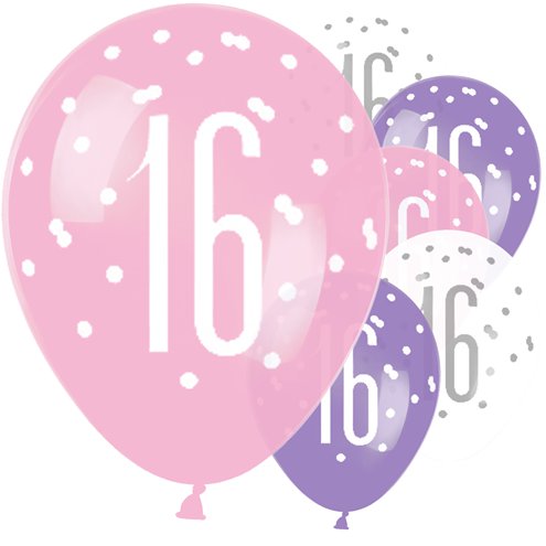 Pink Birthday Glitz Age 16 Latex Balloons - 12"