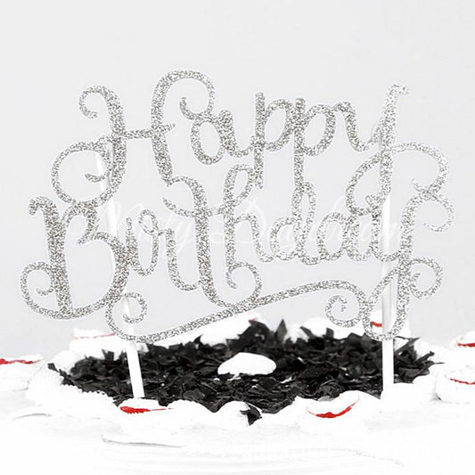 Silver Glitter Happy Birthday Cake Topper