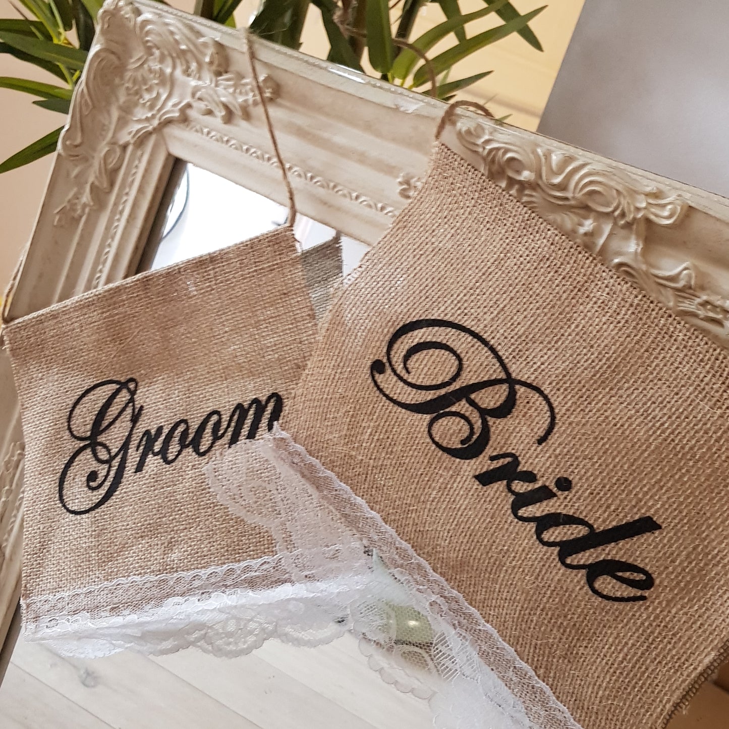 Burlap & Lace Bride and Groom Chair Signs