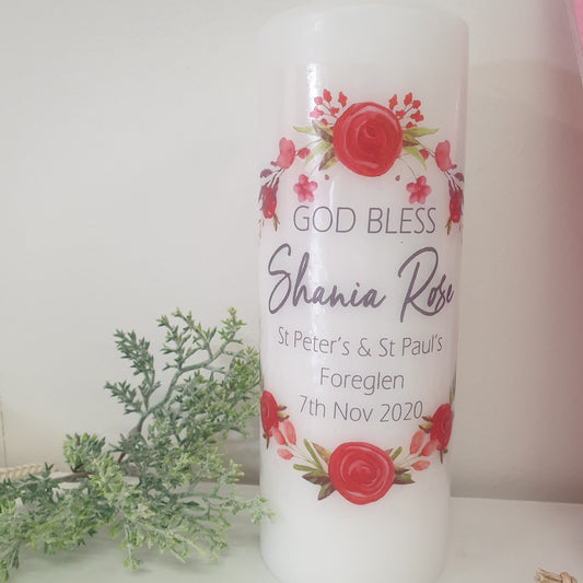 Personalised baby christening candle red roses
