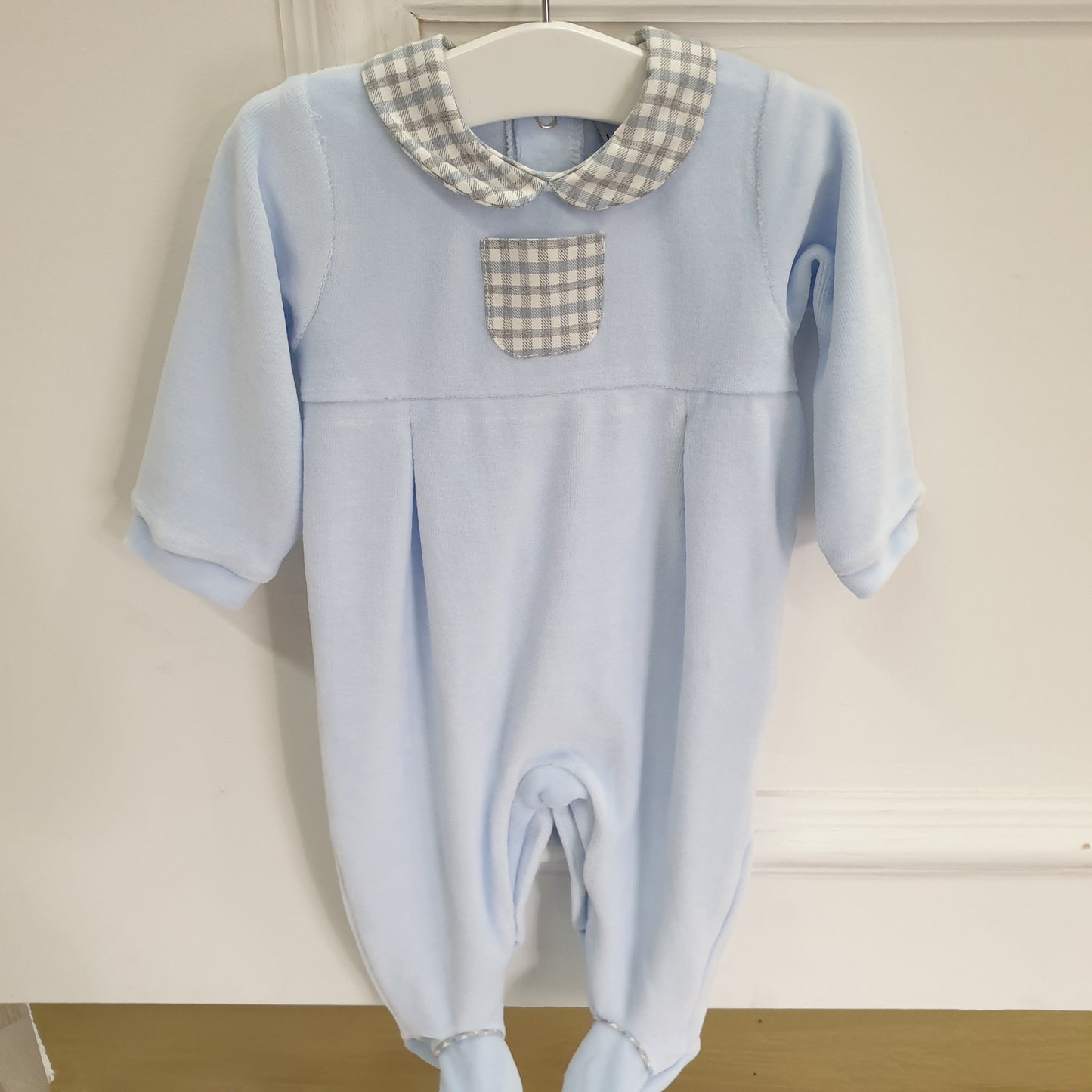 Blue check LONG SLEEVE FOOTIE WITH PETER PAN COLLAR