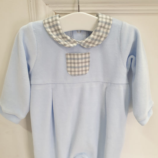 Blue check LONG SLEEVE FOOTIE WITH PETER PAN COLLAR