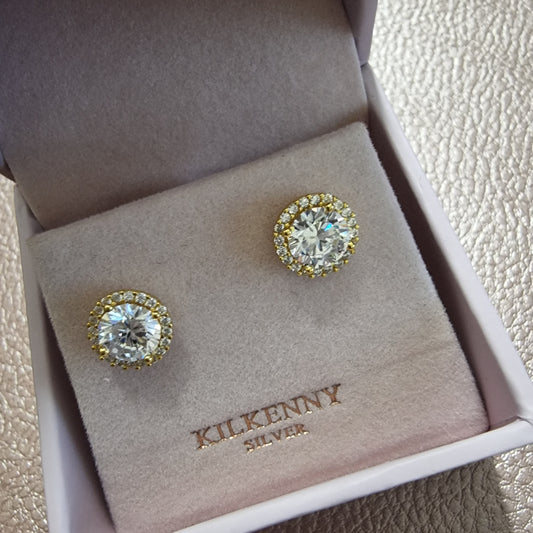 GOLD ROUND HALO STUD EARRINGS e1918